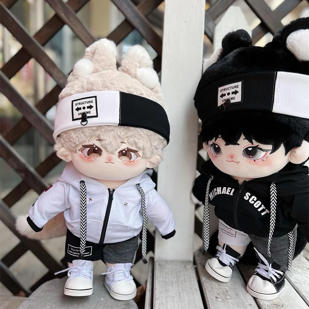Niannyyhouse 40cm Plush Doll with Loose Colorblock Canvas Cotton Doll Accessories Clothes, Hairband, Hoodie, Shorts, Shoes, Dress-Up (Black)