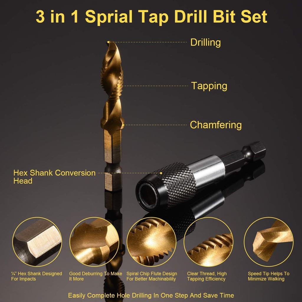 13pcs Drill Tap Bit Set 3in1 Titanium Coated Screw Tapping Bit Tool For Drilling, Tapping, With Quick-Change Adapter, SAE/Metric