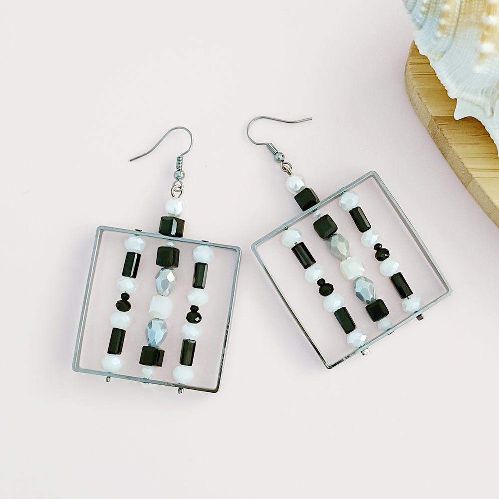 Women's French Design Square Beaded Earrings: Four Seasons Style with Hollowed-Out Mixed-Color Glass.