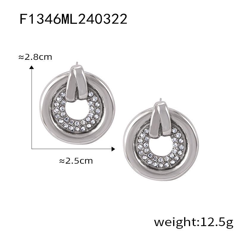 Elegant Chic Temperament: Hollow Inlaid Diamond Round Ring Design Titanium Steel Gold-Plated Earrings