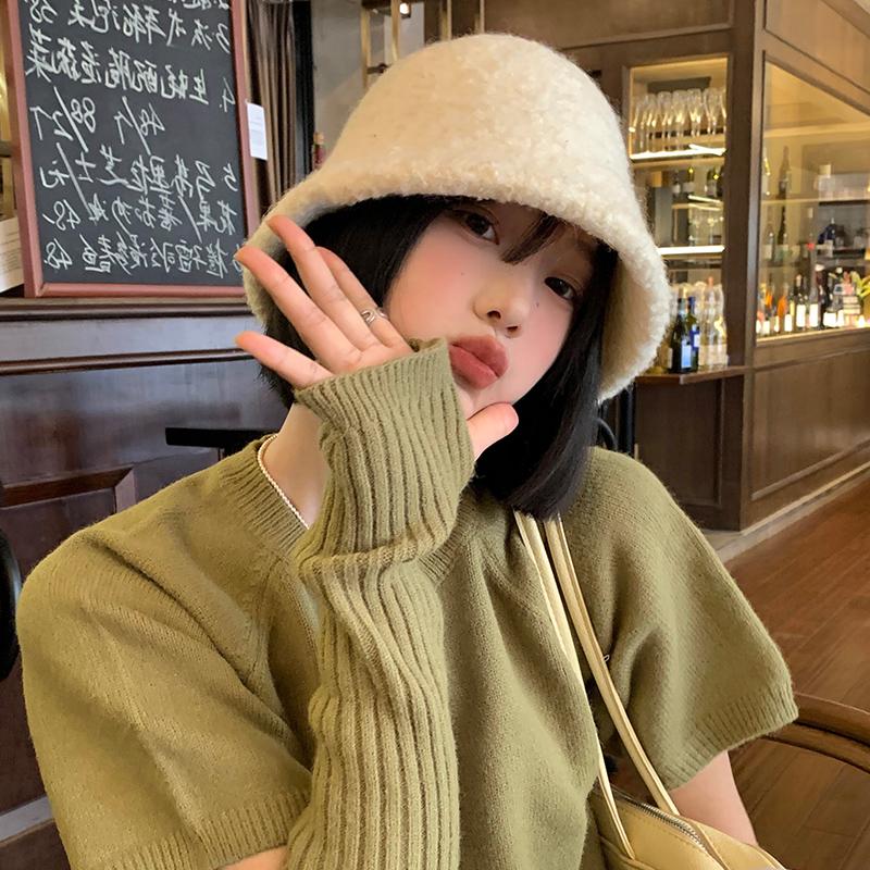 

Plush bucket hat women s autumn and winter advanced sense wool solid color plain face covering face small bucket basin hat tide Adult (56-58cm) бежевий