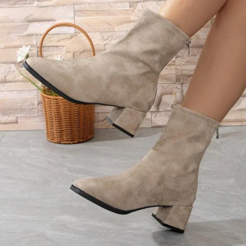 Ankle Chunky High Heel Sock Boots Women Autumn Fashion Pointed Frosted Suede Short Boots Female Pumps Sexy Warm Boots