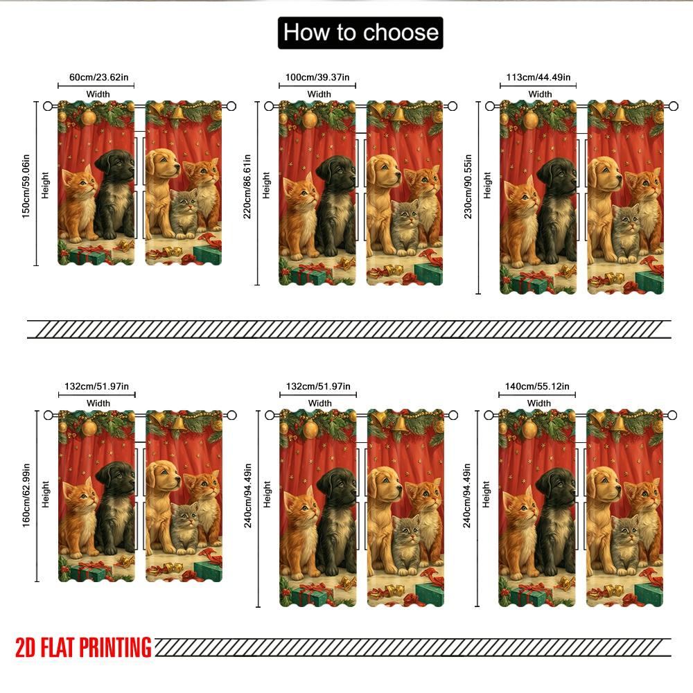 2pcs 2D Flat Printing Christmas Curtains Christmas Puppies Kittens Gifts Digital Printed Polyester Drapes Party & Holiday Decor