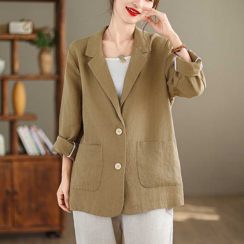 Blazers Casuales de Algodón y Lino Chaqueta para Mujer Primavera Retro Color Sólido Holgado Combinable Blázer Top