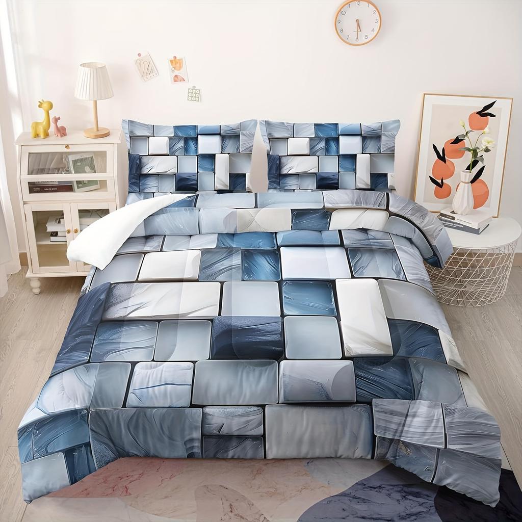 Blue Gray Checkered Comforter Set 3D Grid Bedding Sets 3PCS Ultra-Soft Lightweight Microfiber 1 Comforter With 2 Pillowcases