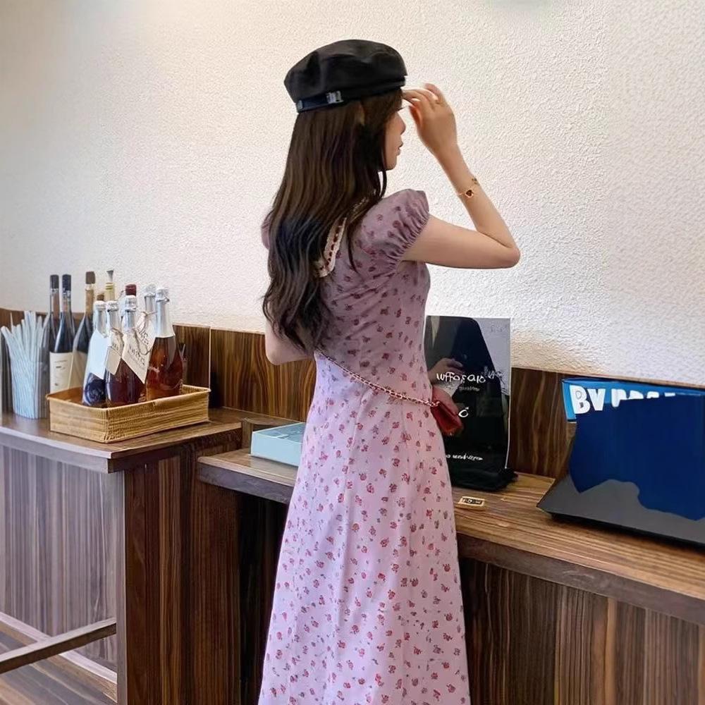 New Chinese national style taro purple luli Korean floral dress women's summer short-sleeved long dress waist thin long dress