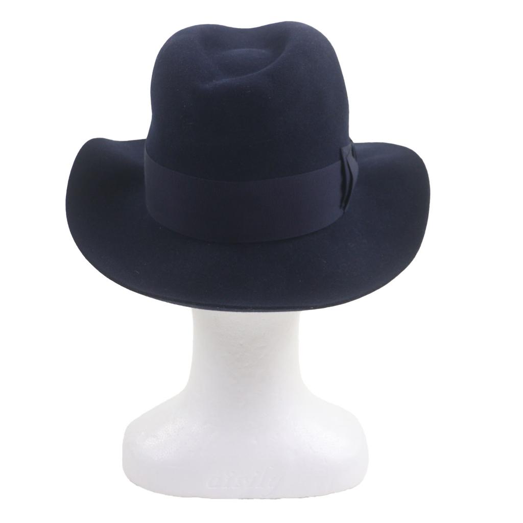 Excellent HERMES Hat Lapin Felt with Ribbon Navy Wool Mens 58 Used