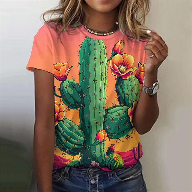 T-Shirt für Damen mit Blumen- und Kaktus-Muster, farbenfrohes Pflanzen-3D-Druck-T-Shirt, Sommermode, Street-T-Shirts, kurzärmelige Oberteile mit Rundhalsausschnitt