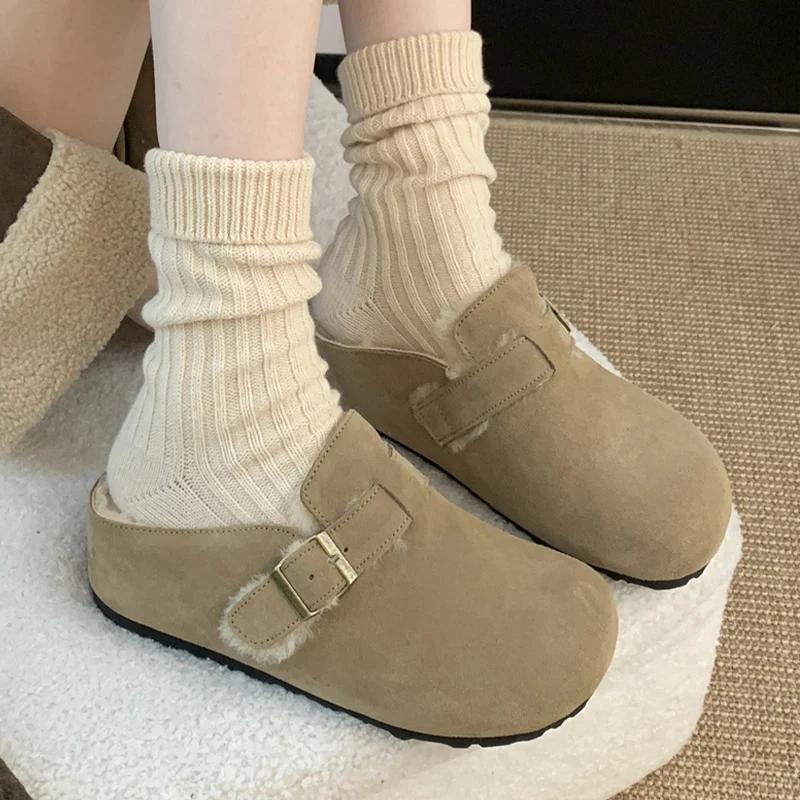 Winter Suede Women Flats Cotton Slippers Short Plush Designer Buckle Casual Mules Shoes 2025 Trend Warm Home Snow Botas De Mujer