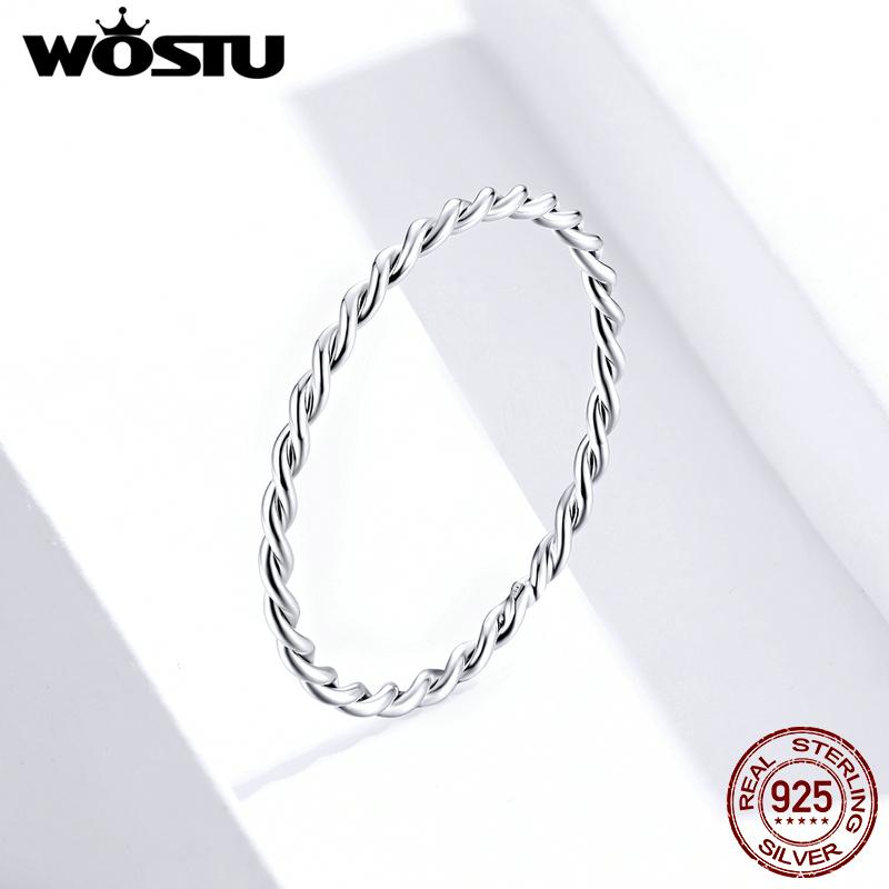 WOSTU Genuine 925 Sterling Silver Minimalist Twist Rings Finger Stackable Simple Ring Korean Style Party Jewelry Gift CQR6402