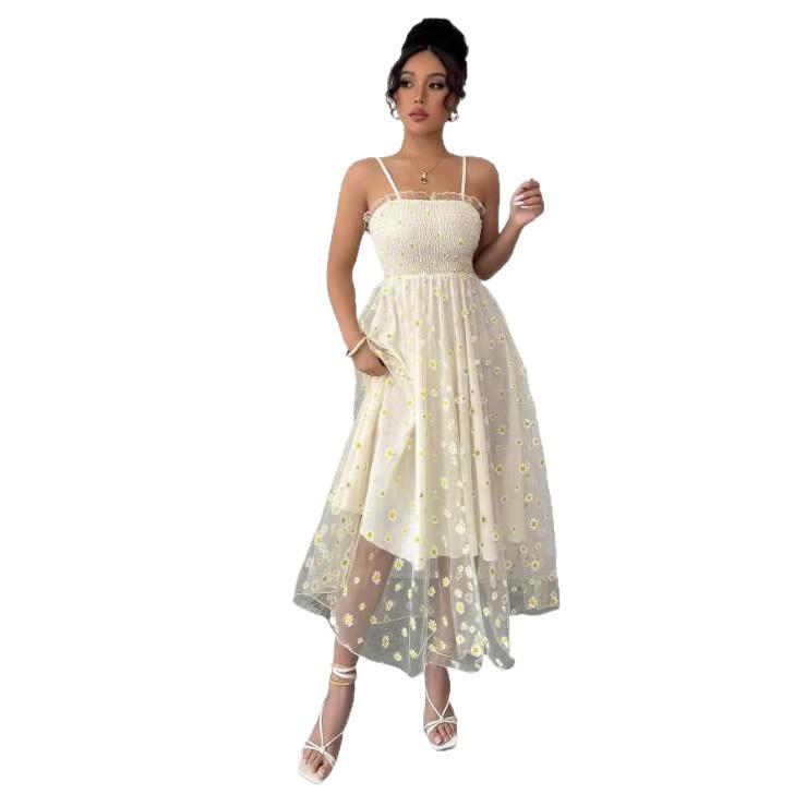European and American homologous small daisy mesh yarn, tube top sling, French retro medium and long jumpsuit