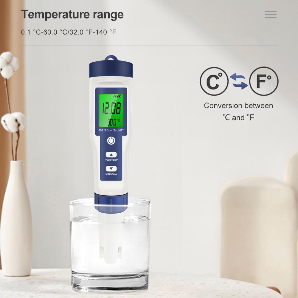 5 In 1 Digital PH TDS EC Meter Salinity Temperature Tester Conductivity Water Filter Purity Pen with Backlight