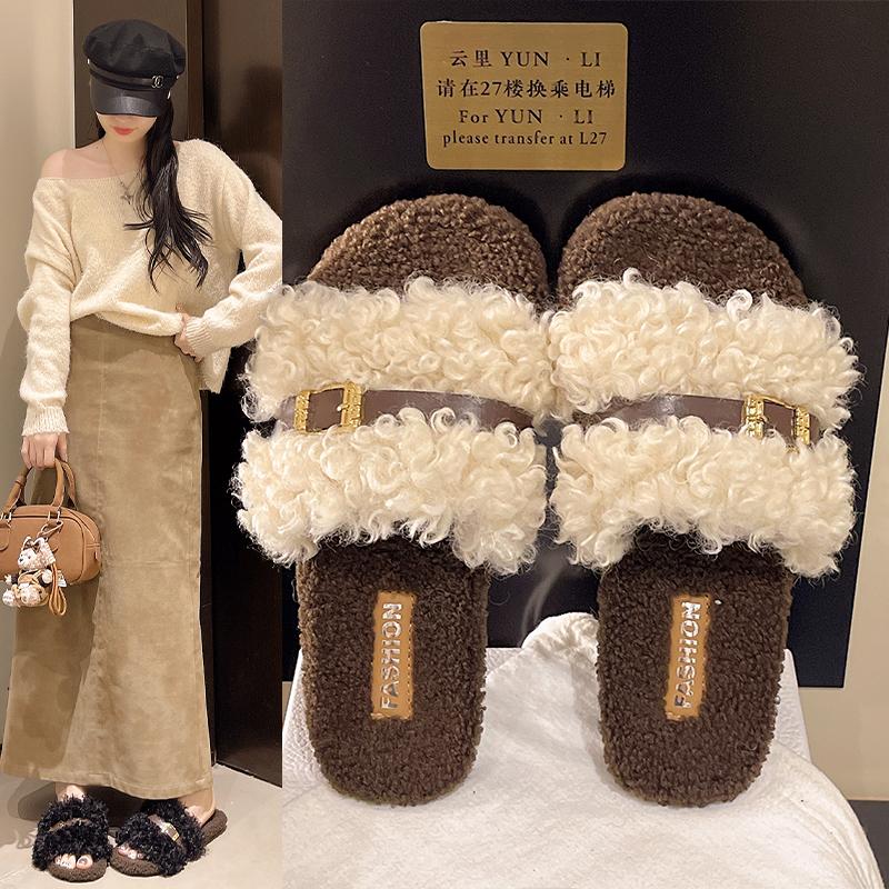 Fashion 2025 Luxury Slide Shoes Woman Thick Sole Buckle Belt Plush Slipper Ladies Winter Curly Teddy Fur Platform Sandals