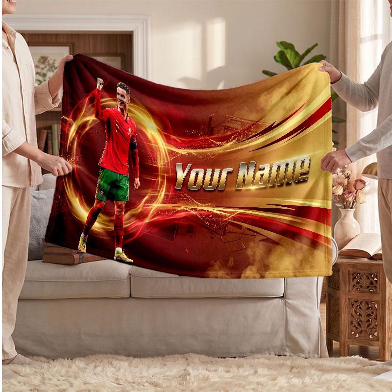 Cristiano Ronaldo Personalized Fleece Blanket With Football Logo, Custom Name Text Soft Warm Home Throw Blanket