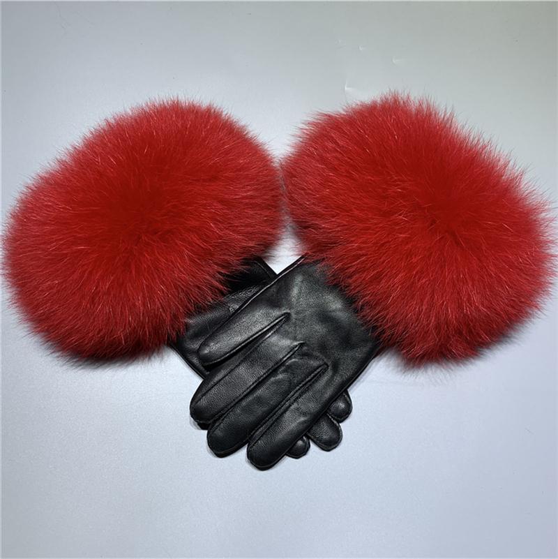 Jxwatcher Winter Women Warm Genuine Sheepskin Gloves Luxury Fur Trim Full Finger Fashion Leather Gloves
