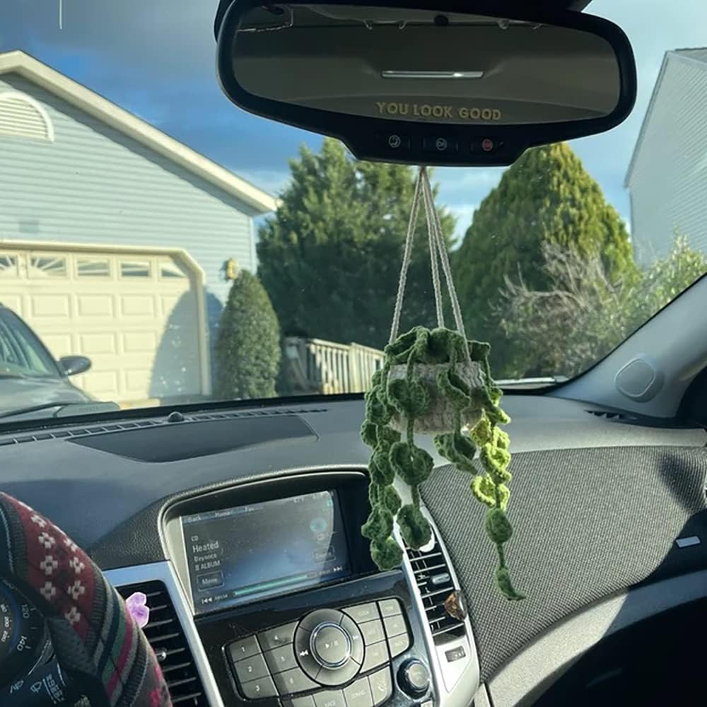 Cute Crochet Plant for Rear View Mirror, Boho Handmade Car Mirror Hanging Accessory for Women & Girls, Green Interior Aesthetic Decor Truck Hanger