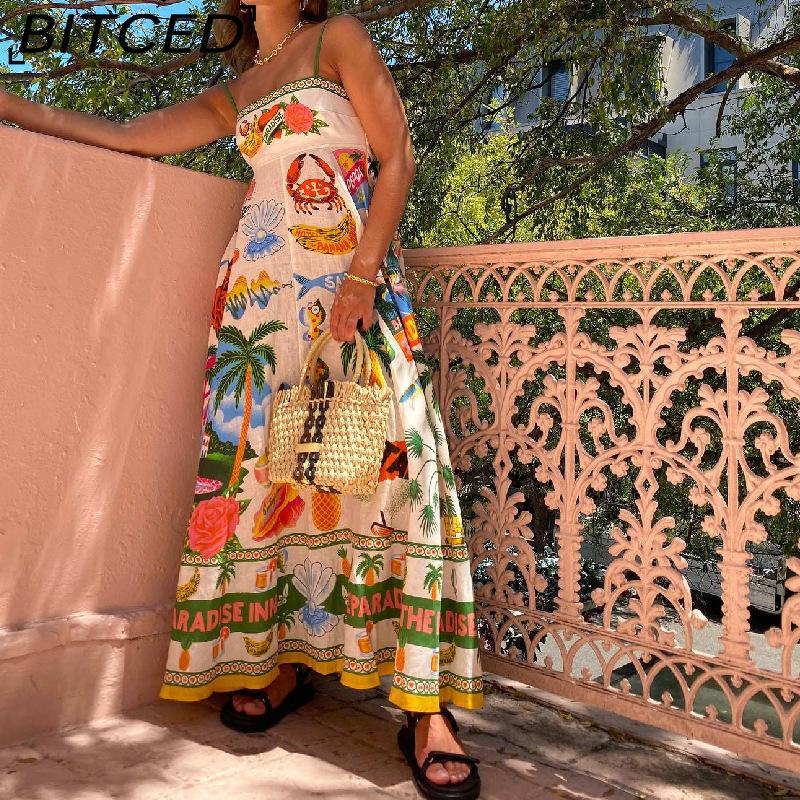 BITCED Spring/Summer Casual Maxi Dress for Women Spaghetti Strap Printed Linen 9 Colors Full-Skirted Dress