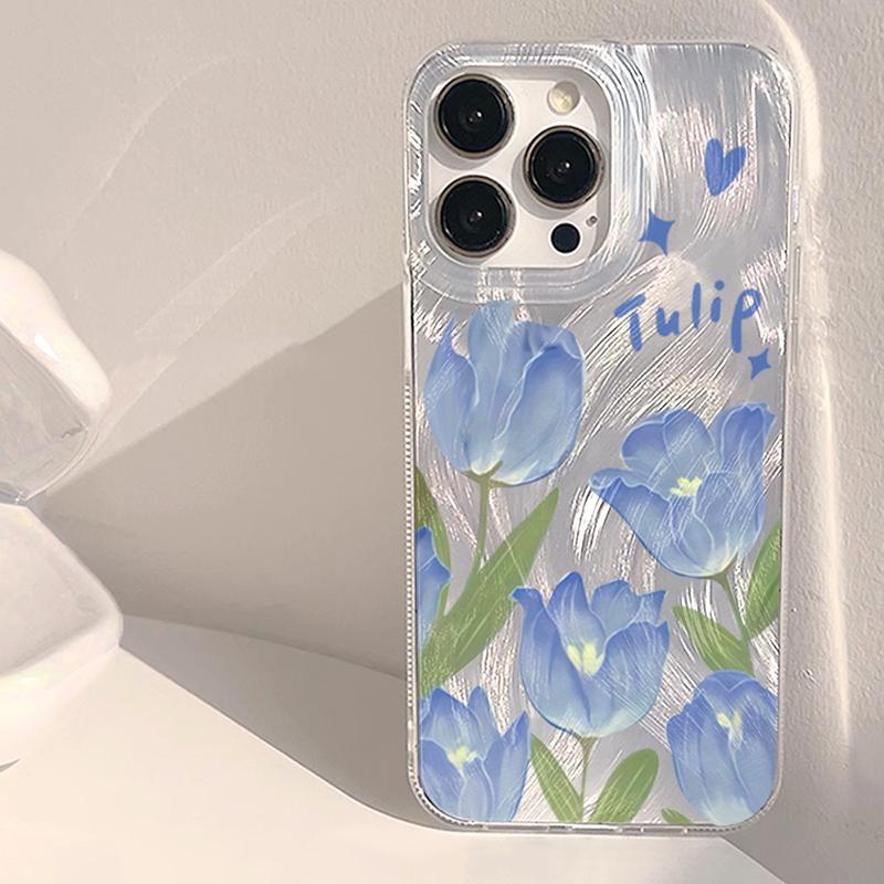 Blue Tulip Flower Phone Case for iPhone 17 16 15 14 13 Pro 12 11 Pro Max 17 Air XS X XR 7 8 Plus 16E Aesthetic Shockproof Cover