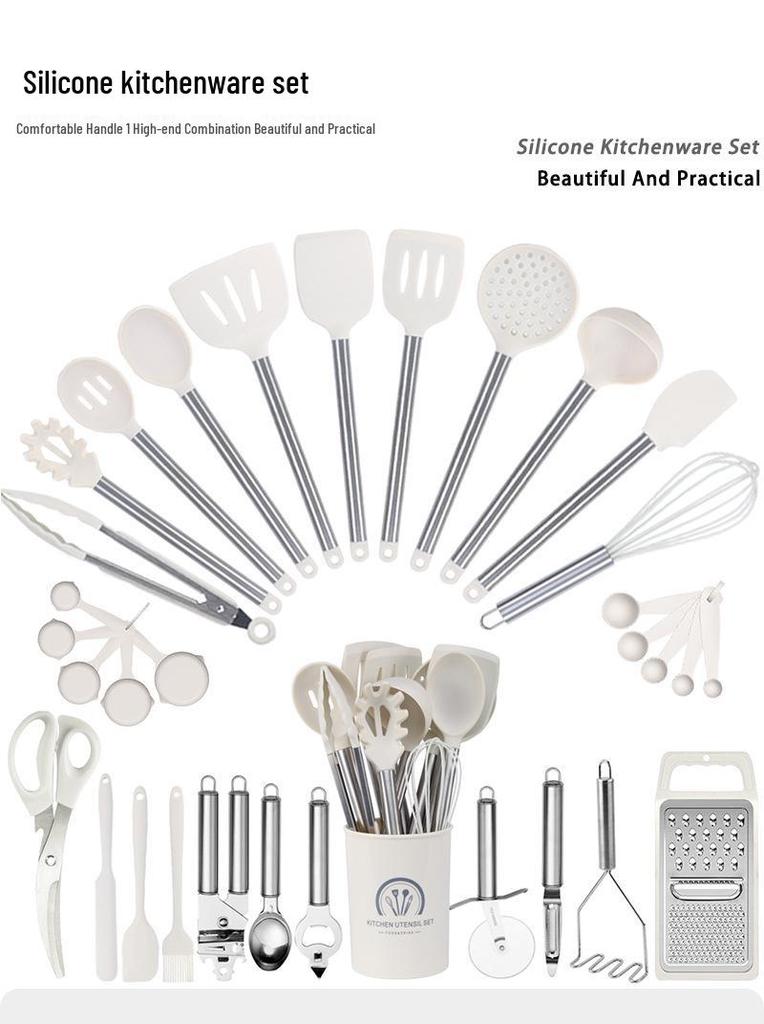 33-Piece High-Temp Resistant Silicone Utensil Set with Non-Stick Spatula & Stainless Steel Cutlery