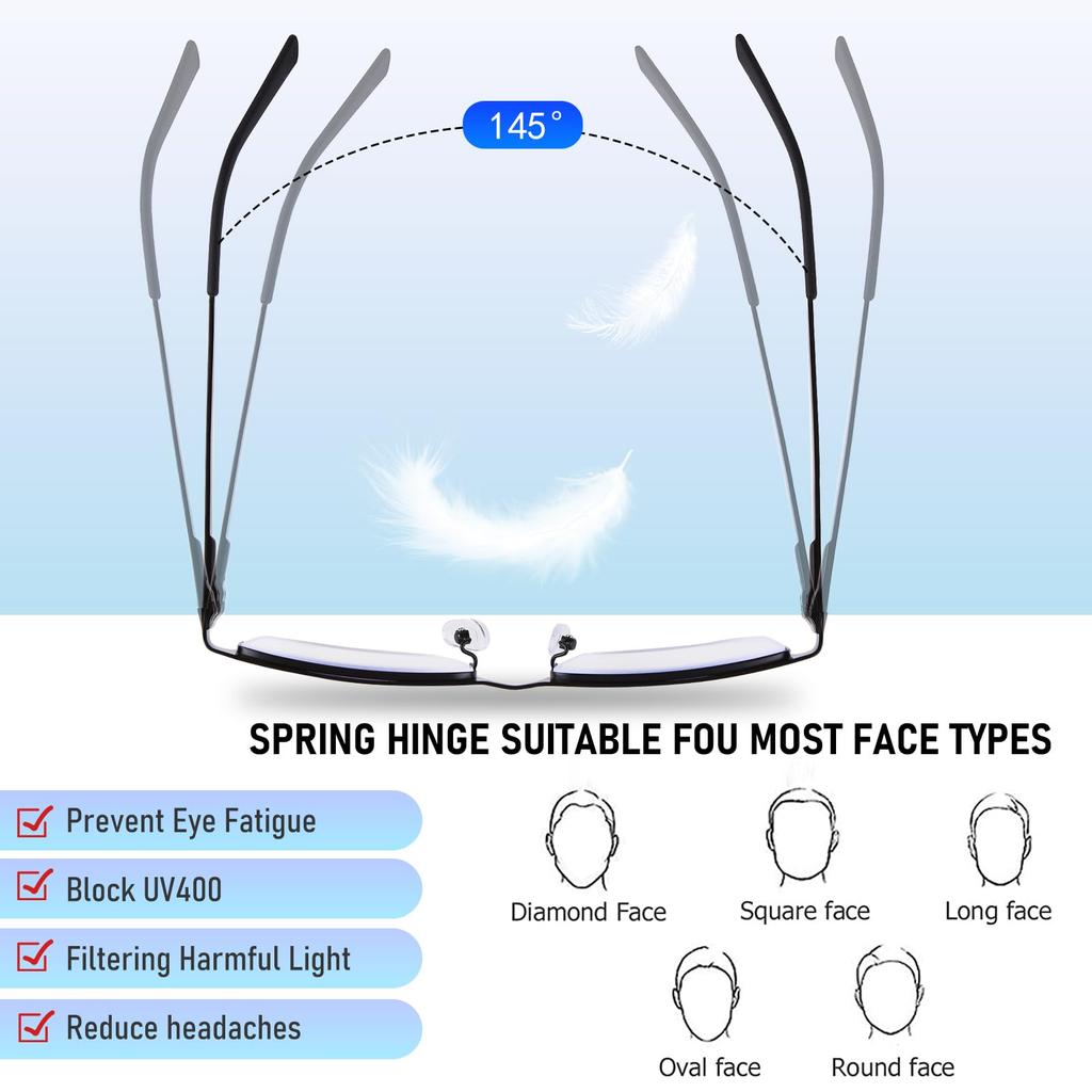 Classic Men'S Reading Glasses Metal Frame Spring Hinge 145 ° Opening And Closing Blue Light Blocking Business Glasses
