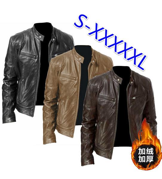 Winter business gentleman thermal zipper cardigan pocket decorative plush thick pu leather jacket stand-up collar slim leather jacket