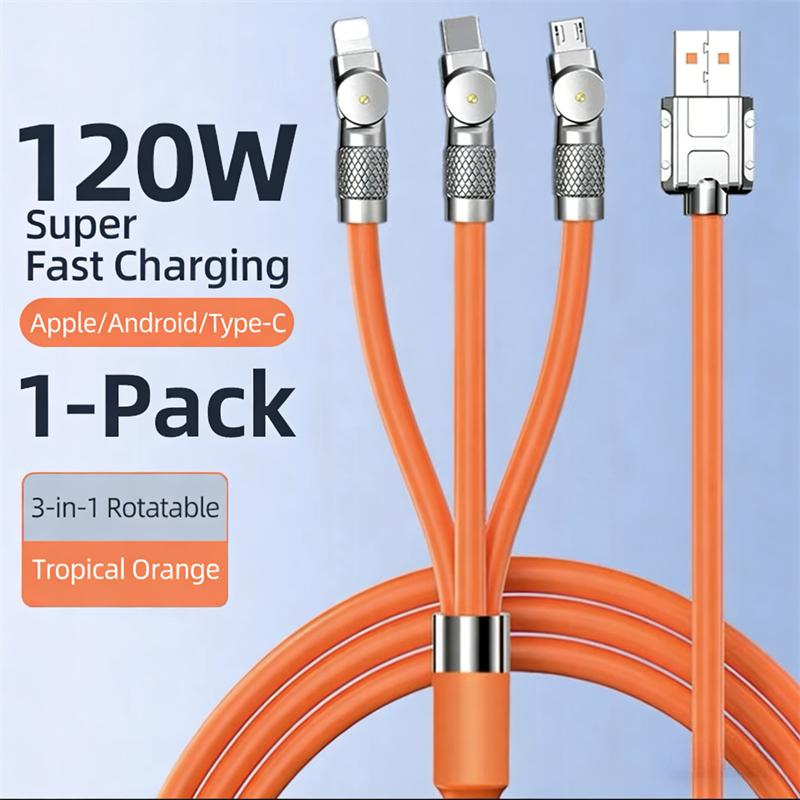 

180 Degree Rotating USB C Cable 120W Fast Charging Right Angle Magnetic Data Cord for iPhone Huawei Android rotating elbow 3-in-1 (huawei, apple, android)