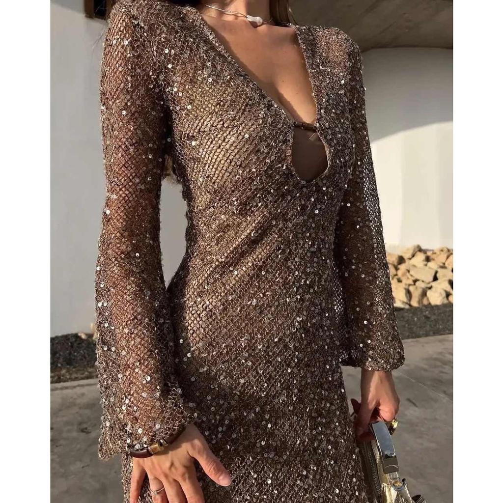 LYRIA Sexy Sequined Long Pleated Dress Women Deep V-neck Full Sleeve See Through Dresses Summer Lady Party Evening Dresses