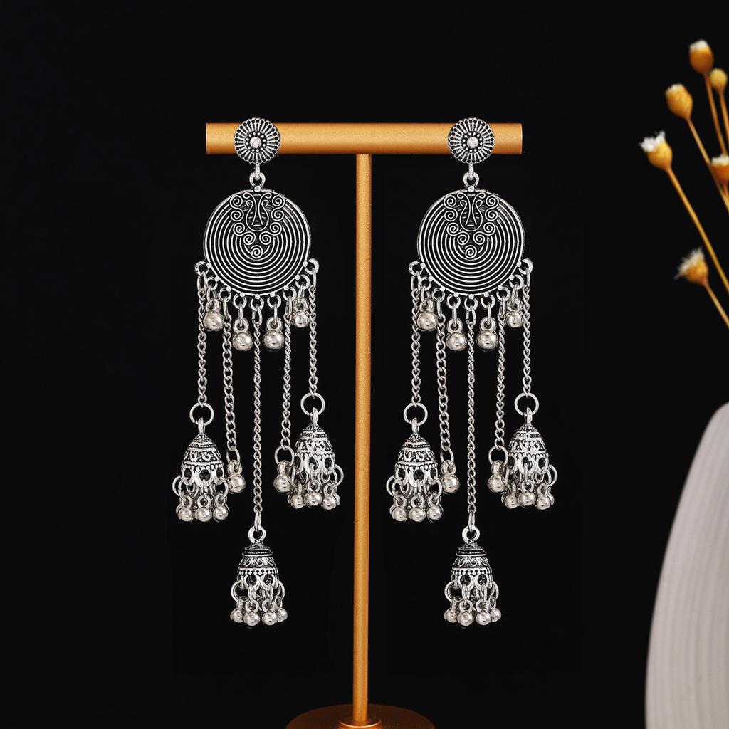 Ethnic Style Vacation Style Geometric Round Personalized Earrings, Retro Alloy Long Fringed Bell Pendant Ears