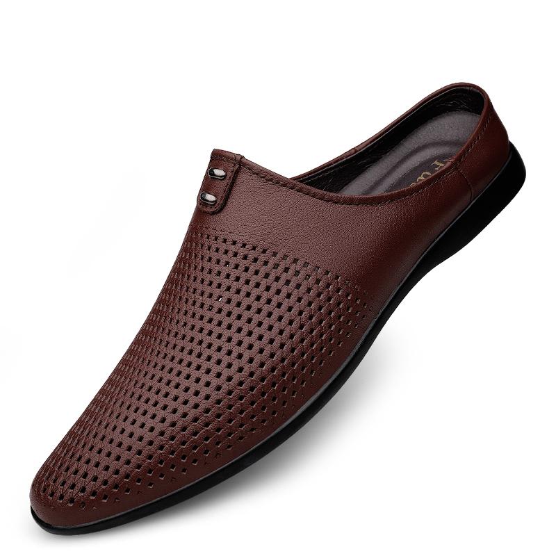 Fashion Luxury Brand Men Slippers Genuine Leather Half Drag Casual Shoes High Quality Slip on Loafers Breathable Summer Perforated Shoes