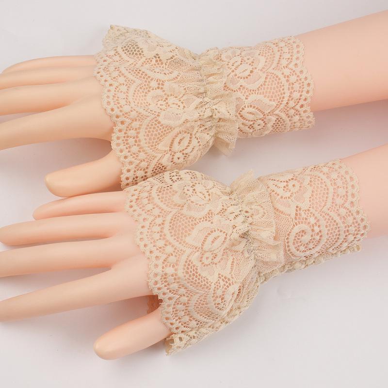 1Pair Detachable Cuffs Pearl Lace Mesh Fake Flared Sleeves Double Layer Pleated Ruched False Cuffs Sweater Blouse Wrist Warmers