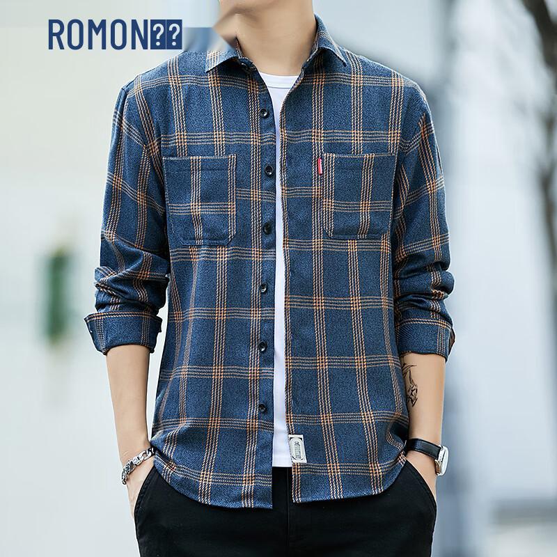 ROMON Men's Plaid Long Sleeve Button-Down Shirt