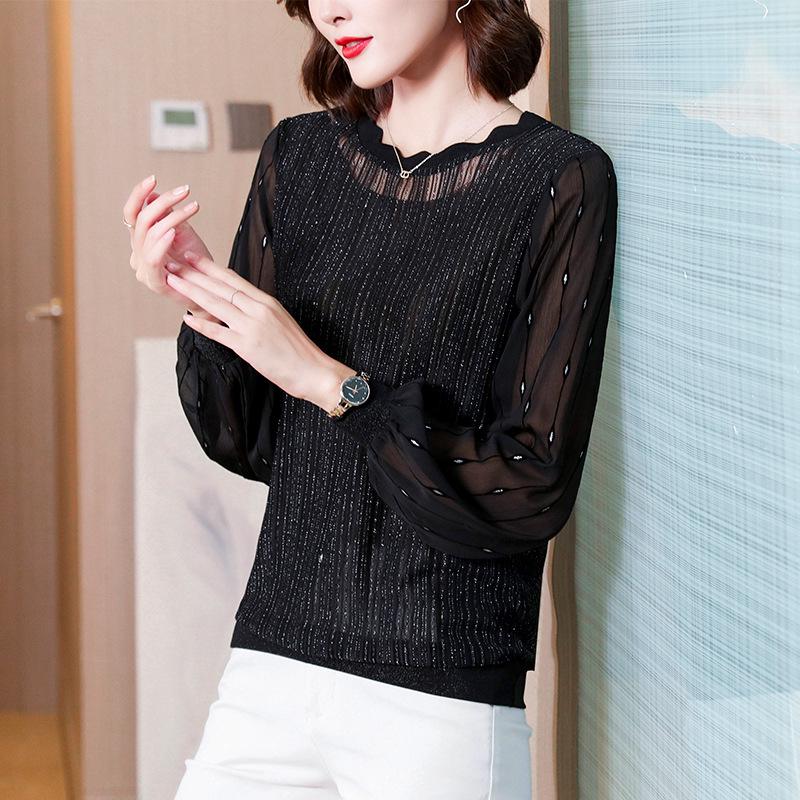 Women's Black Chiffon Slimming Top: Autumn 2023 Fashion, Plus Size, Belly-Covering, Innerwear for Moms