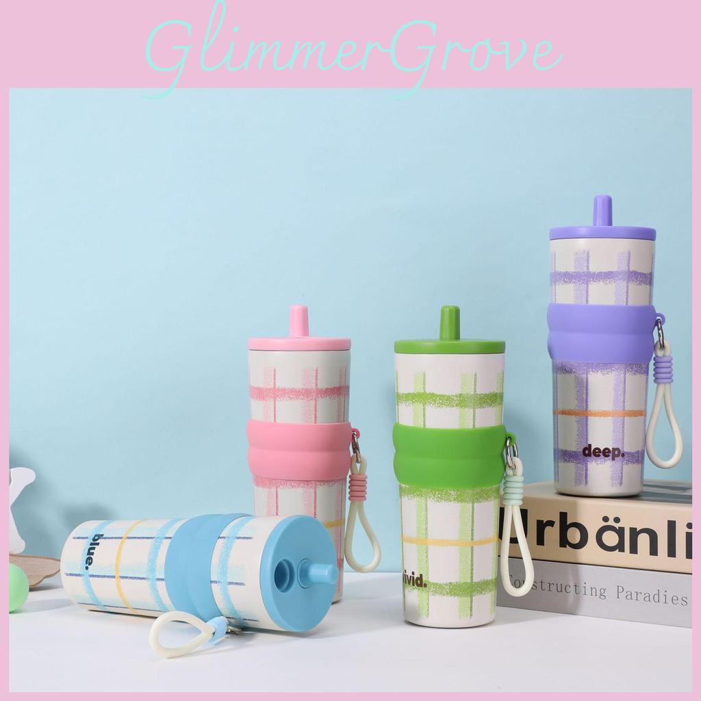 Print Plaid Letter Large Capacity Stainless Steel Insulated Cup With Straw