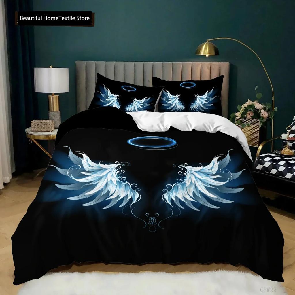 Angel Wings Duvet Cover Set Black Background Bright Orange Wing 3D Print Comforter Cover King Queen Size Polyester Bedding Set