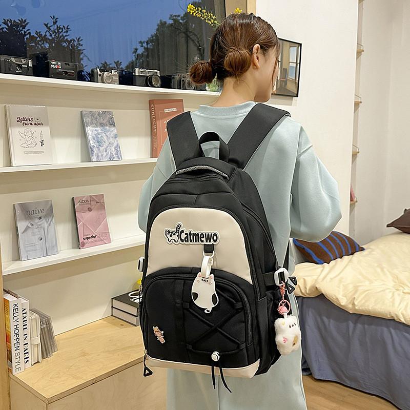 Fashionable Blocked Color Letter Cat Pattern Student Backpack Pendant With