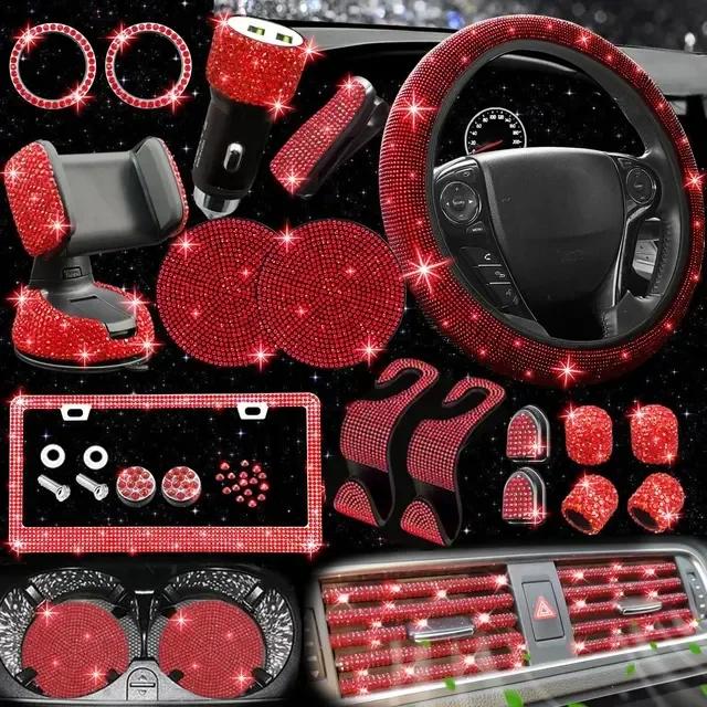 Car Accessories Set 27/4Piece Women Bling Universal Fit Polyester Steering Cover Shiny License Frame Phone Holder Coasters Tools
