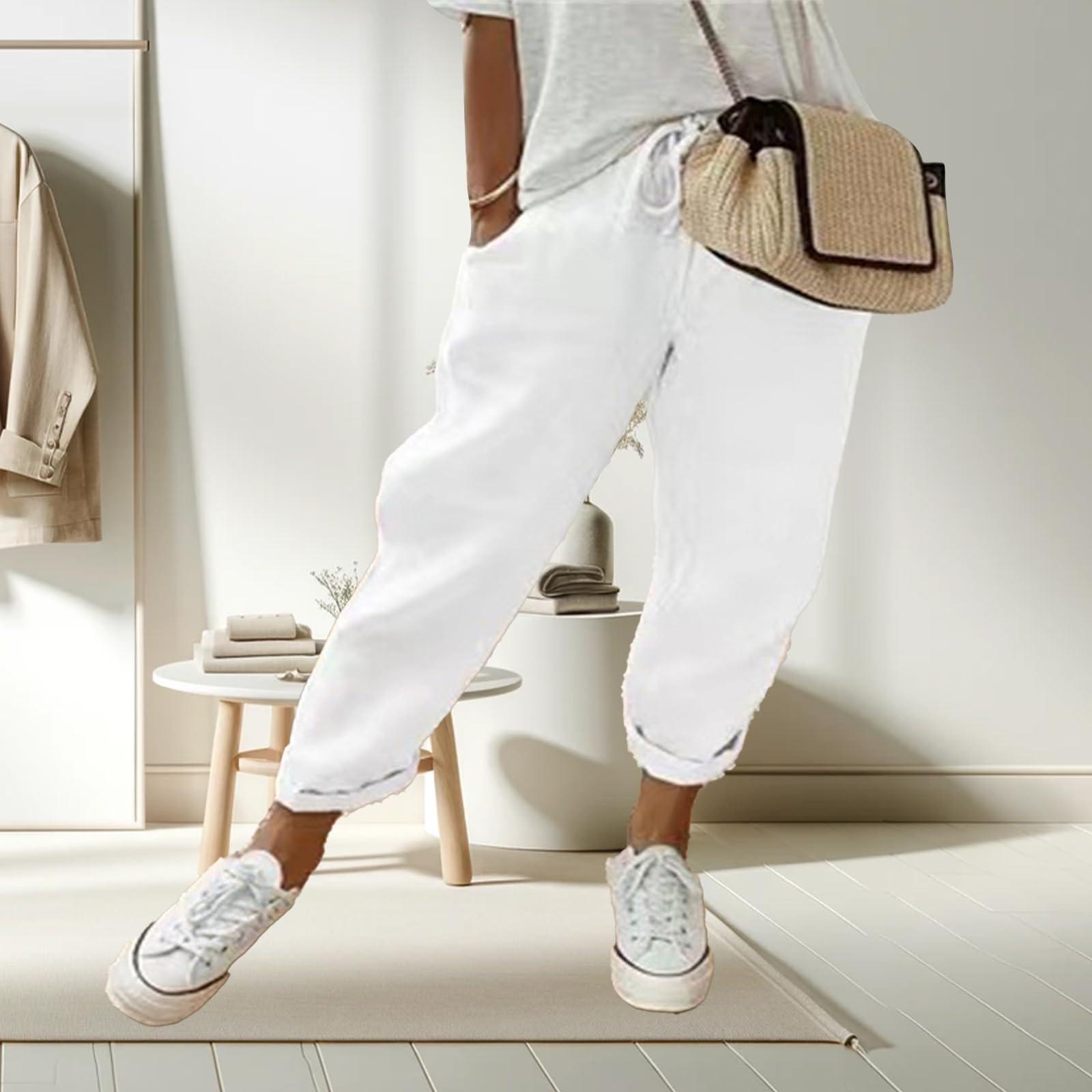 

Женские модные однотонные свободные повседневные брюки из хлопка и льна с карманами XL белый