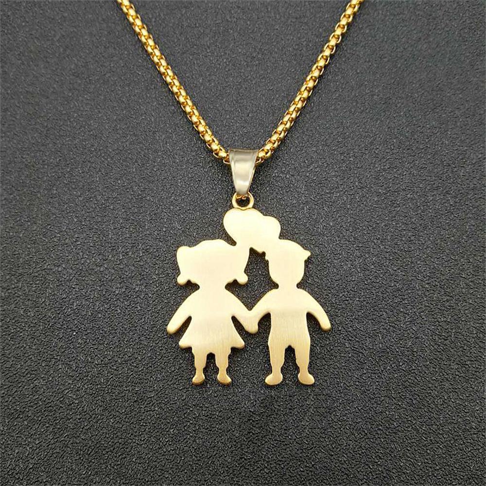 Hip Hop Iced Out Cartoon Boys and Girls Pendant Gold Color Stainless Steel Lovers Couple Necklaces For Women Men Jewelry Gift