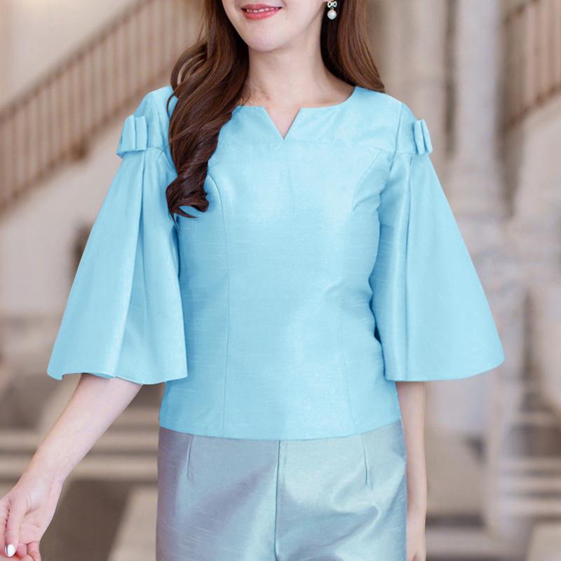 

ZANZEA Женская повседневная блузка с V-образным вырезом, свободным рукавом-клеш, однотонная 4XL синий