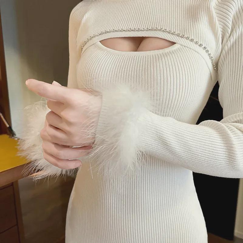 2024 Sexy Red Hollow-Knit Slim Fit Dress for Women - Autumn/Winter