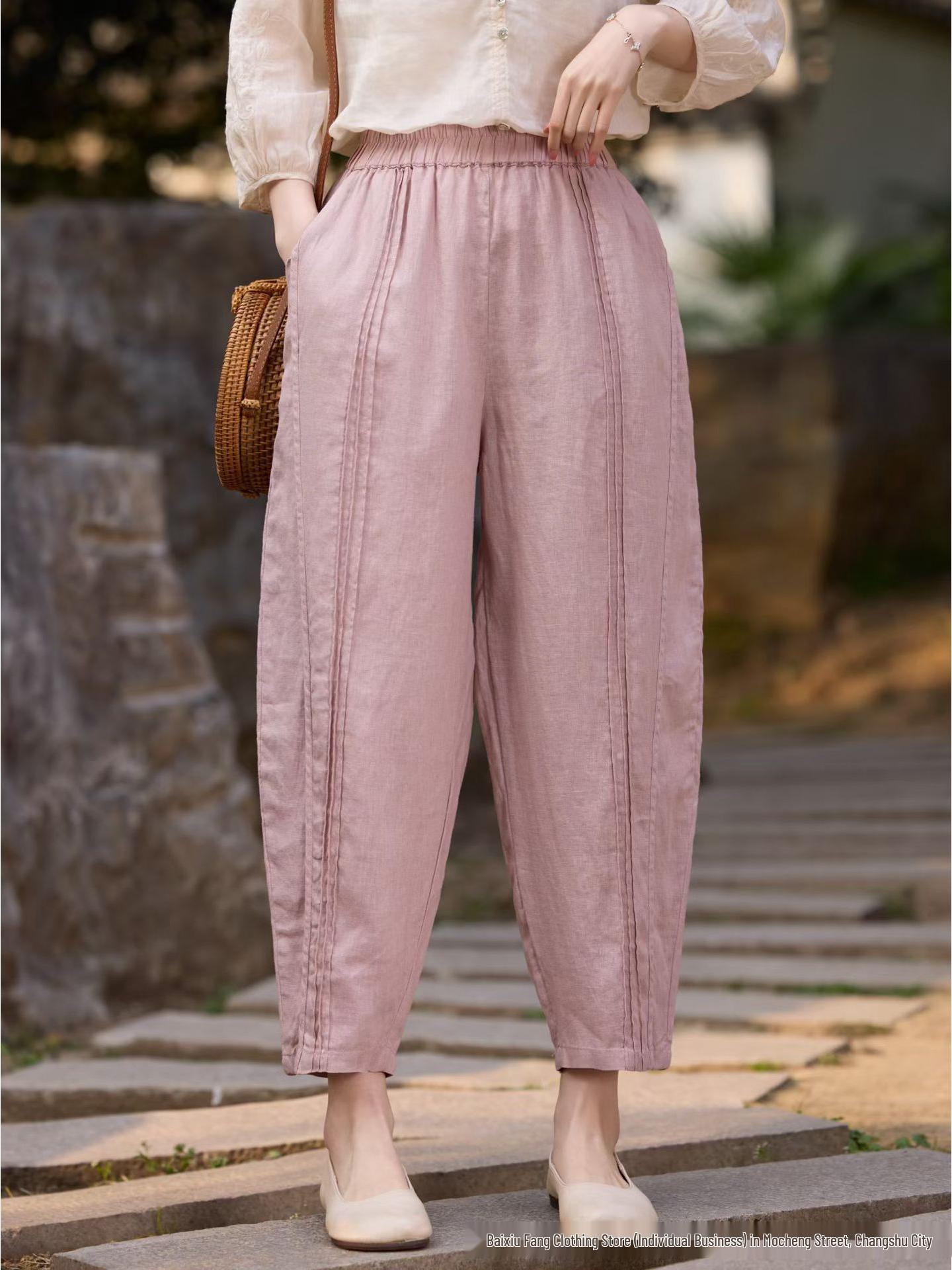 

Women s Lightweight Retro Patchwork Wide-Leg Cropped Harem Pants One Size