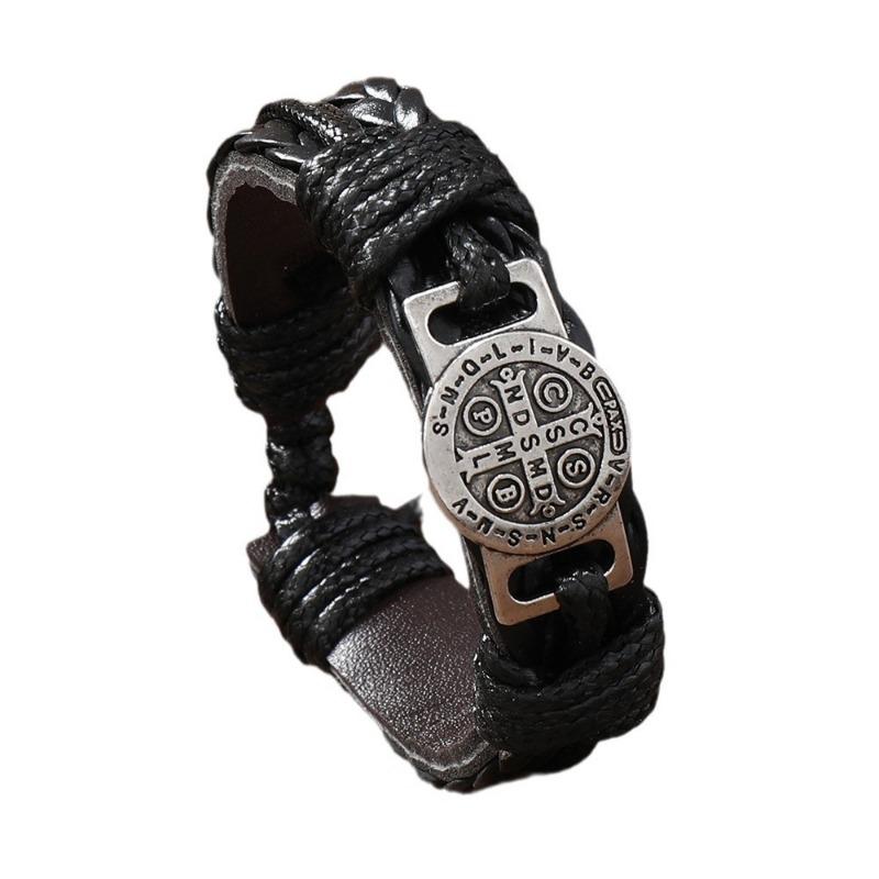 St. Benedikt geflochtenes Lederarmband Echtes Leder Kreuz San Benito Jungfrau Armband für Männer Frauen