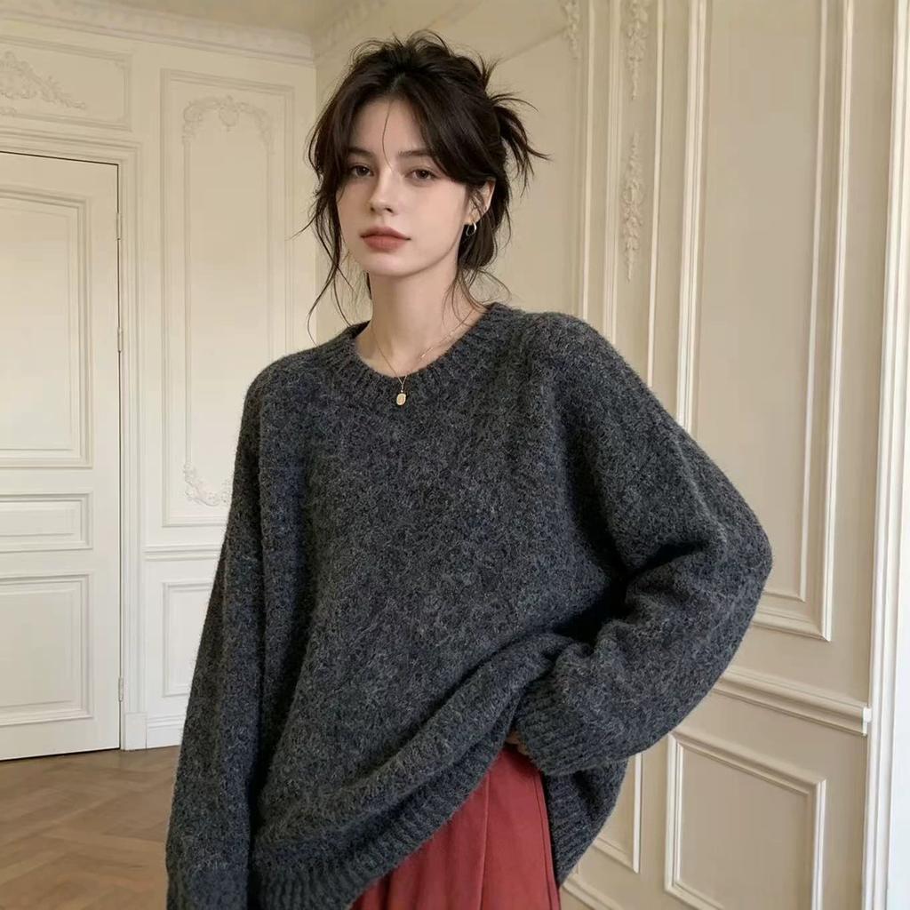 Lazy Wind Large Size Pullover Sweater Women's Autumn and Winter New Versatile Soft Waxy Thick Version Wool Blended Pullover