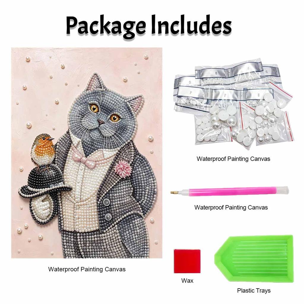 Relaxing DIY Pearl Painting Kit Framed with Dapper Cat and Bird Design 5D Sparkling Bead Canvas Craft for Girls Bedroom Decor Gift