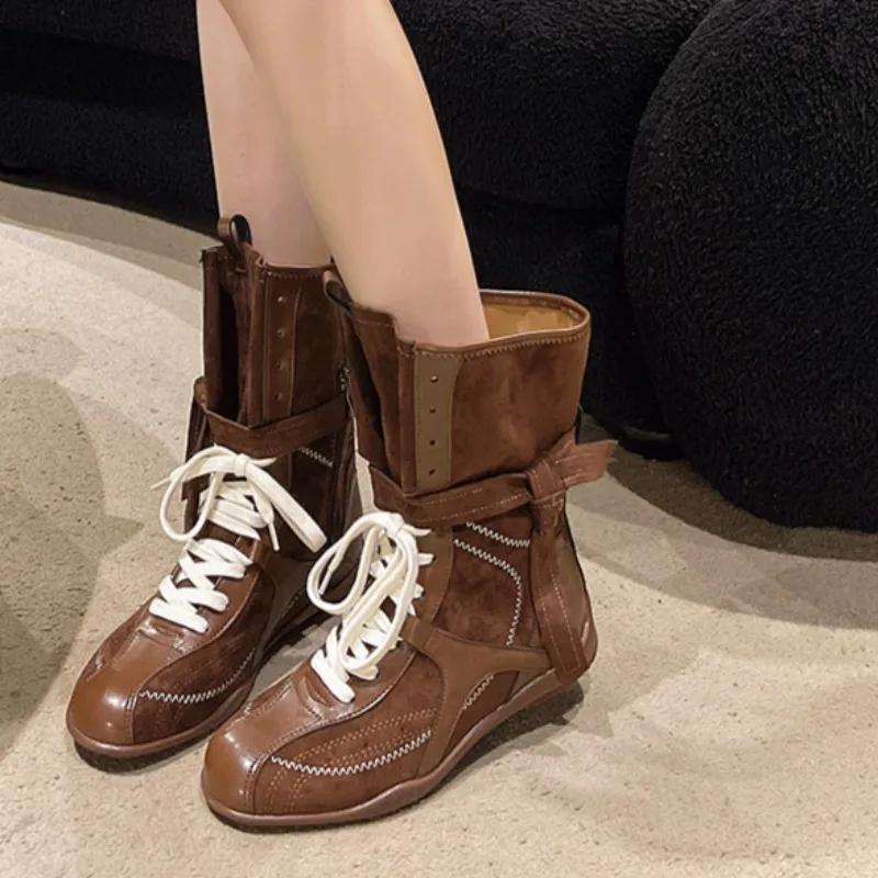 Luxury Vintage Booster Boots Women's Fall Autumn Winter Boxing Frosted Leather Lace-up Ankle Boots Zapatos De Mujer Hot Selling