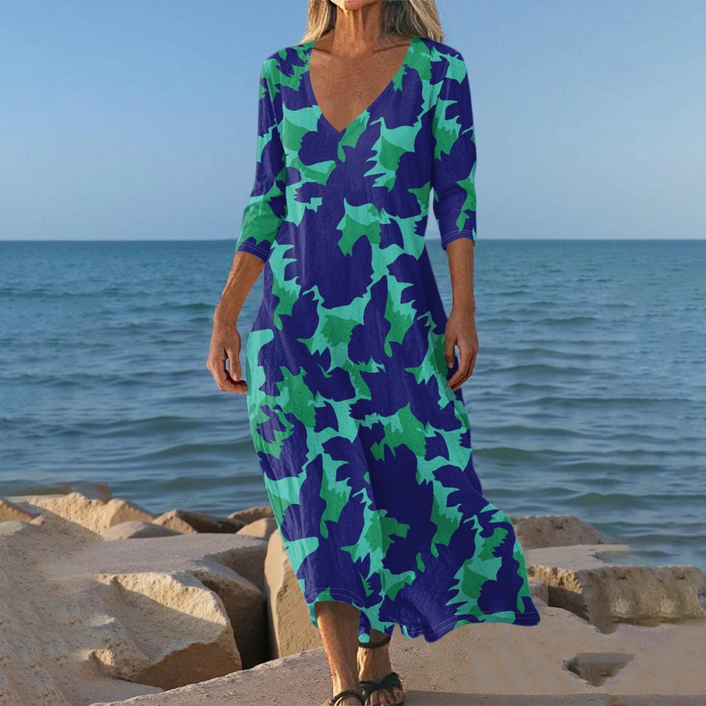 Sukienki Damskie Sukienka Midi z Tuniką w Stylu Vintage z Nadrukiem, z Wcięciem w Talii, Letnia Codzienna Sukienka z Rękawem 3/4