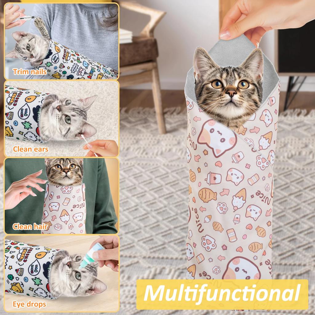 2Pcs Cat Restraint Wrap Nylon Self-Adherent Cat Grooming Wrap With Cartoon Print Anti Escape Anti Scratch Cat Nail Cutting Wrap