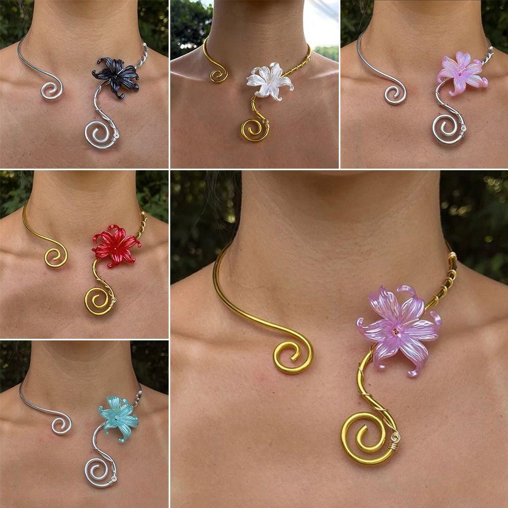 Flower Pattern Collar Necklace Colorful Women Necklace Vintage Iris Flower Necklace