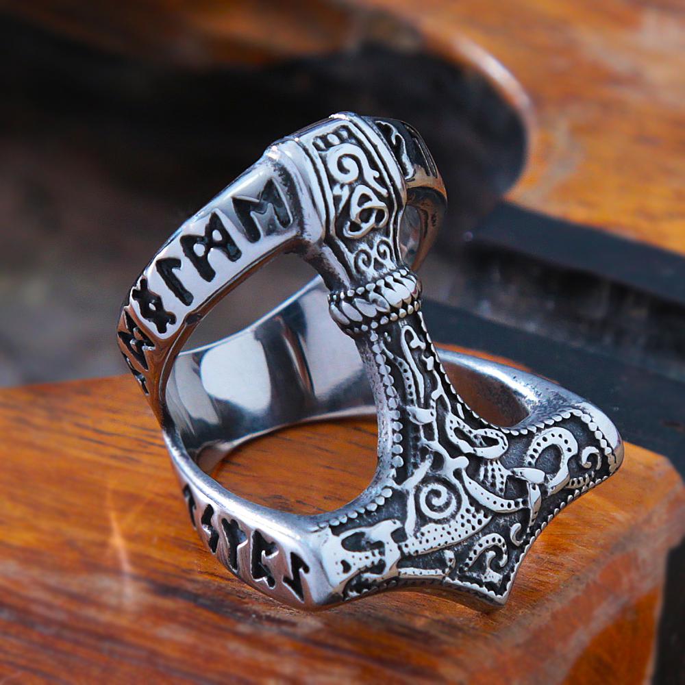 Vintage Viking Thor's Hammer Ring Mens Nordic Odin Rune Ring Stainless Steel Jewelry Biker Amulet Gift Wholesale