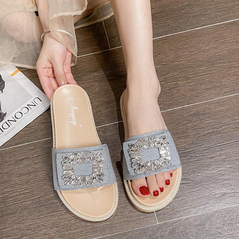 

Fashion Big Size 34-43 Crystal Buckle Slippers Woman Glitter Cloth Slides Outside&Home Casual Flipflops Lady Slip On Flat Sandals Femme 4.5 серебряный